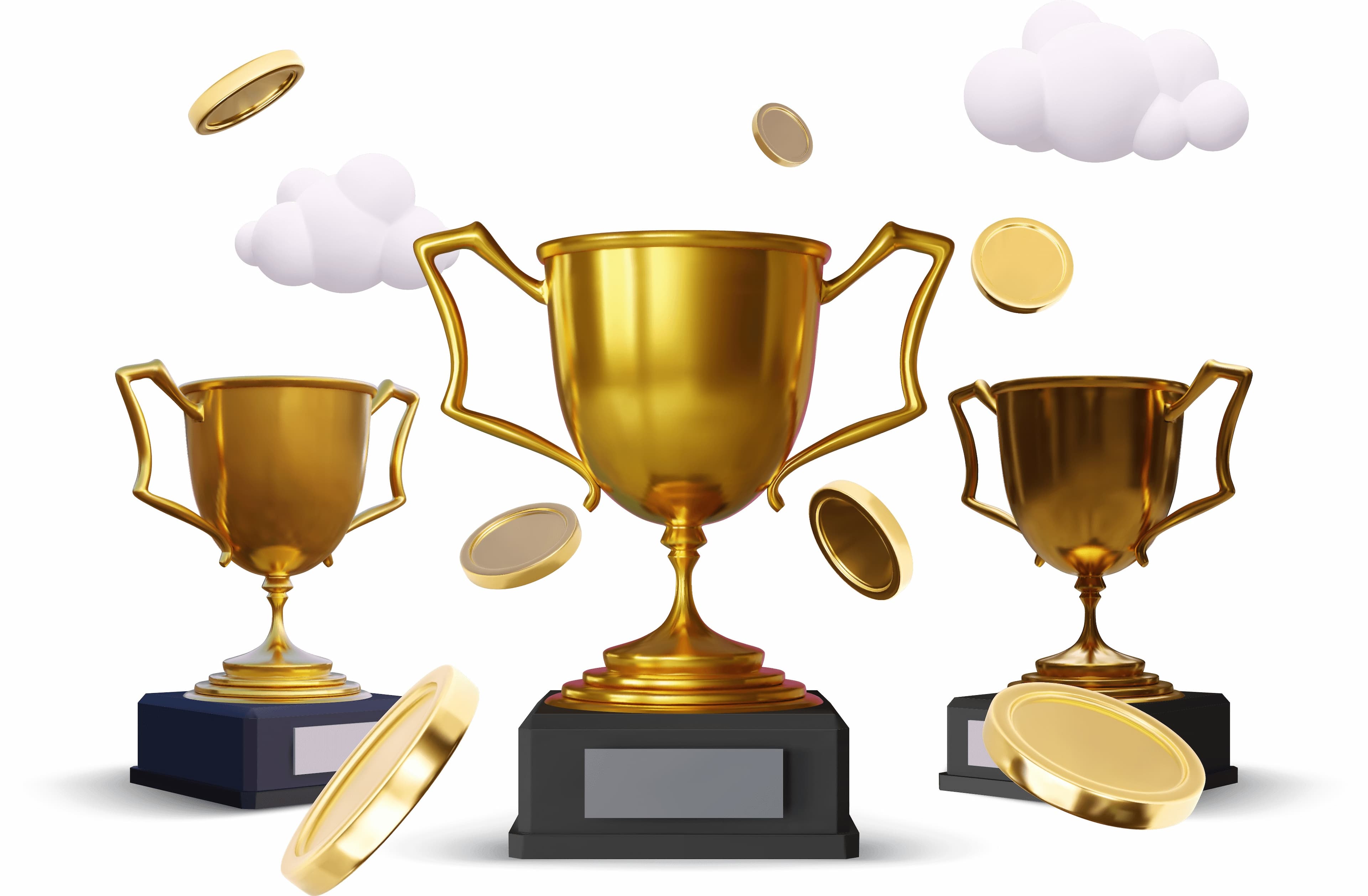 Three golden trophies with coins falling around them, symbolizing success and reward.